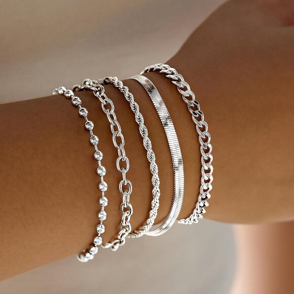 Silver-Dainty Stack Cuban Beaded Paperclip Bracelets Jewelry Gifts for Women - Picture 3 of 7